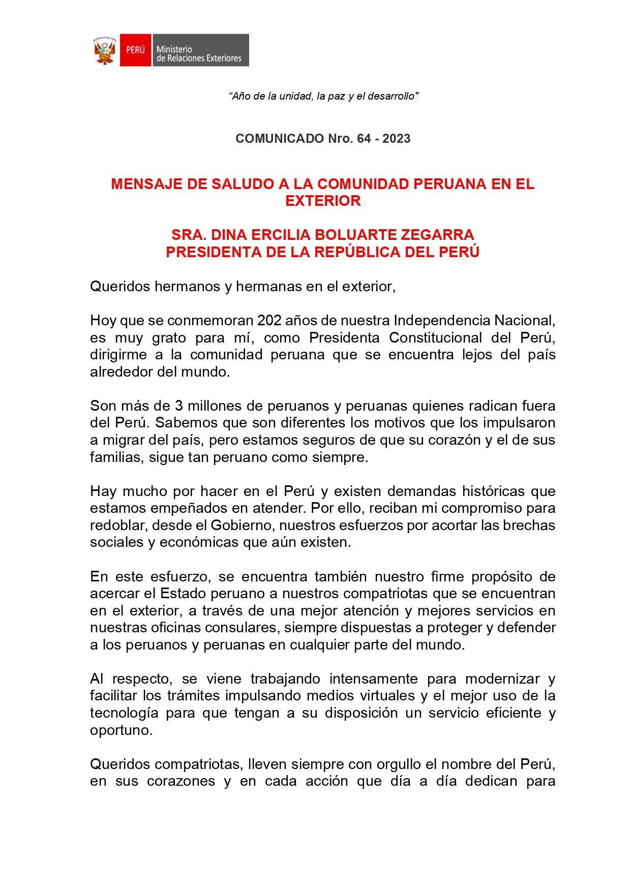 COMUNICADO Nro. 64- 2023 PALABRAS PRESIDENTA DE LA REPUBLICA POR FIESTAS PATRIAS__page-0001.jpg