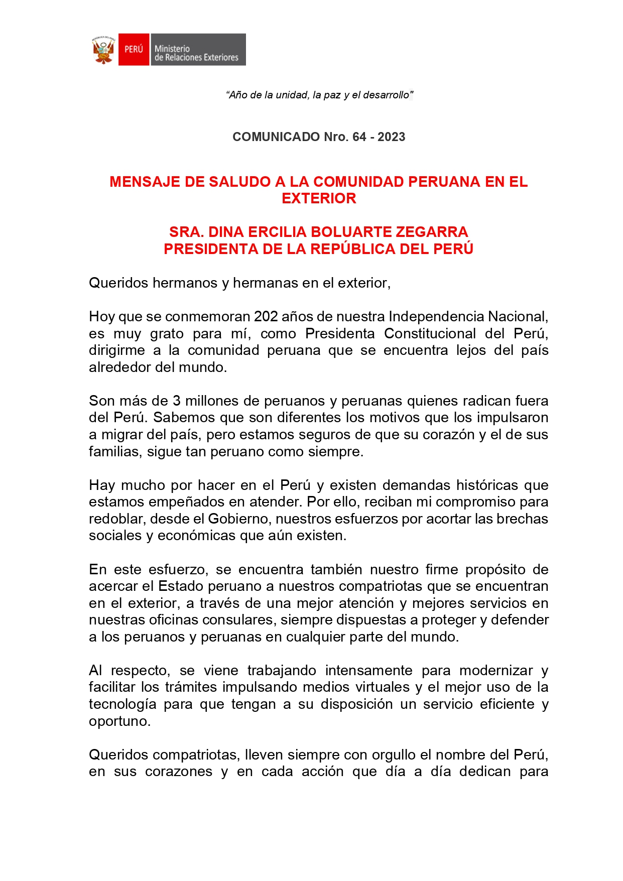 COMUNICADO Nro. 64- 2023 PALABRAS PRESIDENTA DE LA REPUBLICA POR FIESTAS PATRIAS__page-0001.jpg